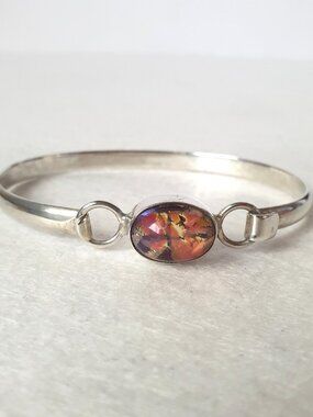 Vintage Mexico Taxco TA 220 925 Sterling Silver Dichroic Art Glass Cuff Bracelet